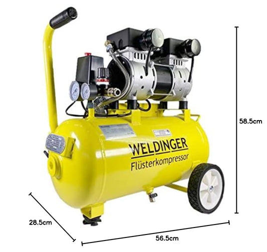WELDINGER Flüsterkompressor FK 120 turbo pro 1500 W Luftabgabe 202 l/min ölfrei innenbeschichteter 24 l Tank Druckregler 5 Jahre Garantie