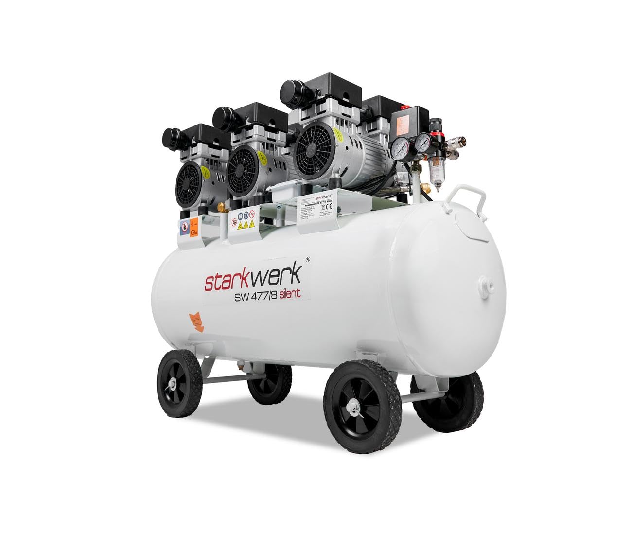 Starkwerk SW 477/8 Flüsterkompressor Silent Kompressor 2,25kW !69 dB! 8Bar ölfrei 100L Kessel Druckluftkompressor leise Compressor inklusive Druckminderer und Wasserabscheider