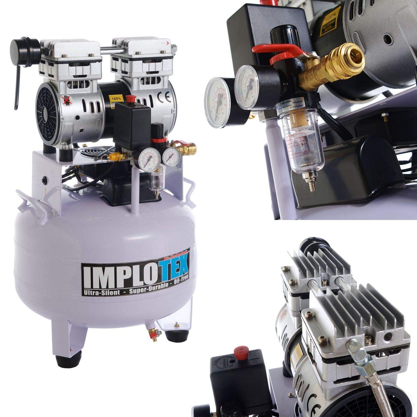 IMPLOTEX 850W Silent Flüsterkompressor Druckluftkompressor 55dB leise ölfrei Kompressor (850W 30 Liter mit Zubehör)