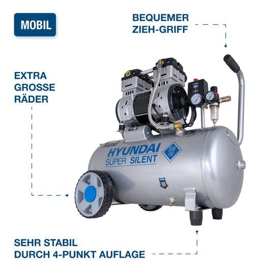 HYUNDAI Silent-Kompressor SAC55753 SET | 50L Kessel, 8bar, ölfrei | 1.5kW / 2.0PS | Ansaugleistung 232 L/Min | Öl-Wasserabscheider | 59dB Luftkompressor leise, Flüster-Kompressor | mit Zubehör
