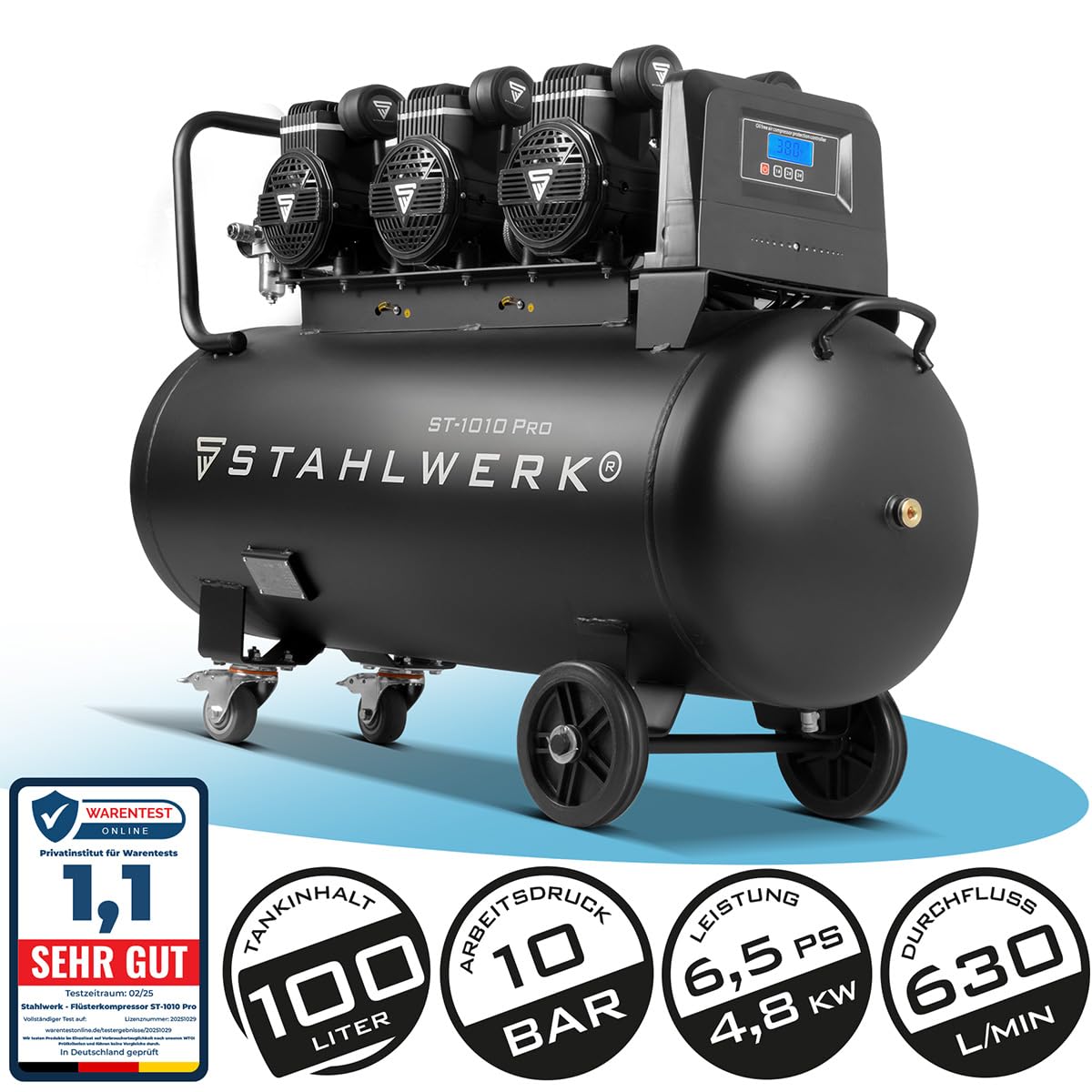 STAHLWERK Kompressor 100 L Tank - ölfrei & leise, 10 bar, Druckluftkompressor mit Brushless-Motoren, 6,5 PS, 4,8 kW, 630 l/min, Silentkompressor, Kolbenkompressor, Flüsterkompressor, ST-1010 Pro