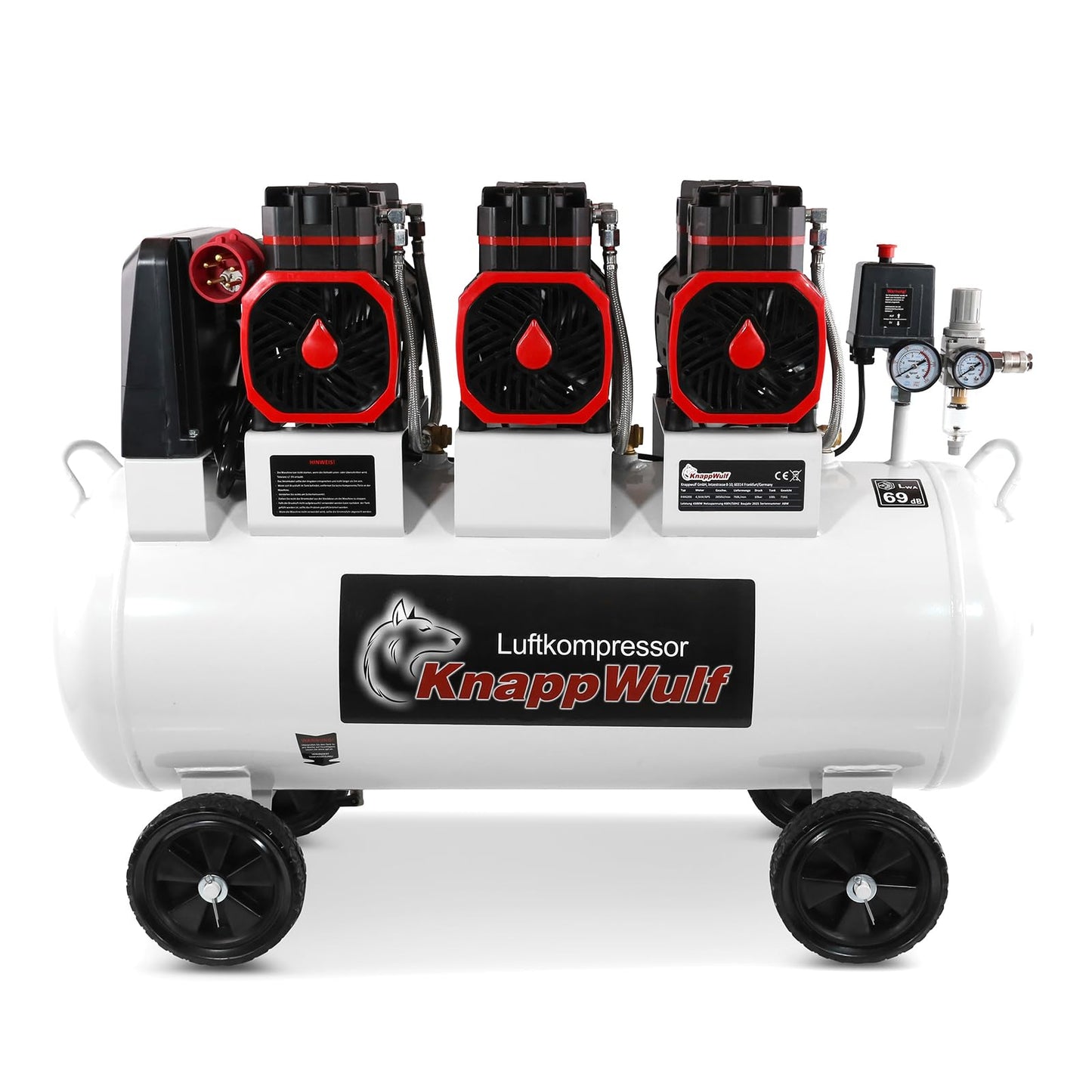 KnappWulf Flüsterkompressor Luftkompressor KW6200, Druckluftkompressor, 100L Tank, 4500W, 69dB,10 Bar Betriebsdruck, 768/min Luftdurchsatz, mit Wasserabscheider, leise, 400V