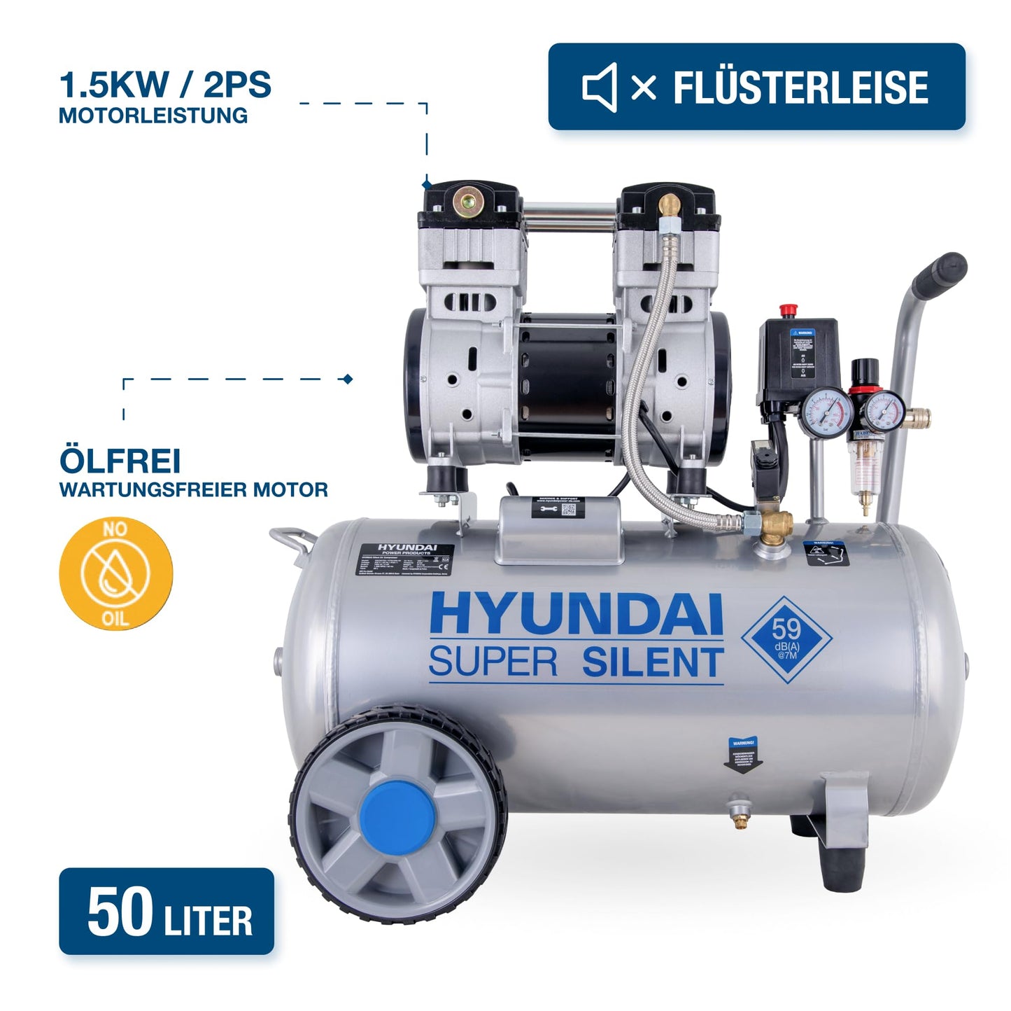 HYUNDAI Silent-Kompressor SAC55753 SET | 50L Kessel, 8bar, ölfrei | 1.5kW / 2.0PS | Ansaugleistung 232 L/Min | Öl-Wasserabscheider | 59dB Luftkompressor leise, Flüster-Kompressor | mit Zubehör