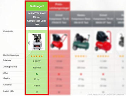 IMPLOTEX 850W Silent Flüsterkompressor Druckluftkompressor 55dB leise ölfrei Kompressor (850W 30 Liter mit Zubehör)