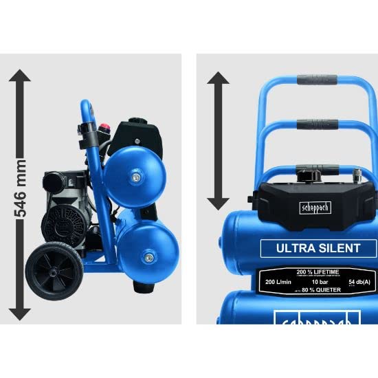 Scheppach HC20Si-Twin Ultra Silent Kompressor | 54 dB(A) leise | 20L Kessel | 10bar | ölfrei & wartungsarm | 200 l/min Ansaugleistung | 2 Manometer & 1x Kupplung | mit 10m Schlauch & Zubehör