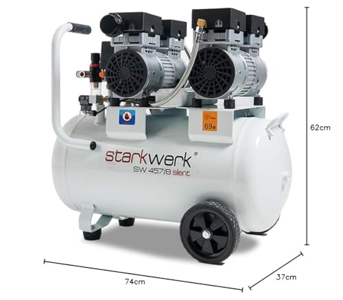 Starkwerk SW 457/8 Flüster Kompressor Silent Kompressor 1,5kW !69 dB! 8Bar ölfrei Druckluft Kompressor leise Compressor inklusive Druckminderer und Wasserabscheider
