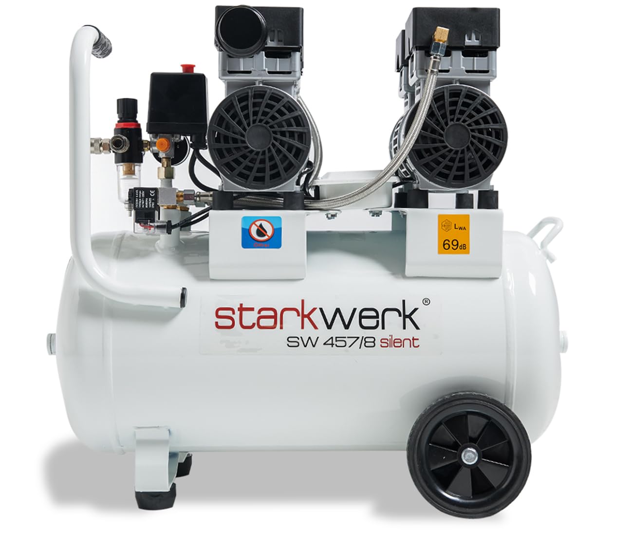 Starkwerk SW 457/8 Flüster Kompressor Silent Kompressor 1,5kW !69 dB! 8Bar ölfrei Druckluft Kompressor leise Compressor inklusive Druckminderer und Wasserabscheider
