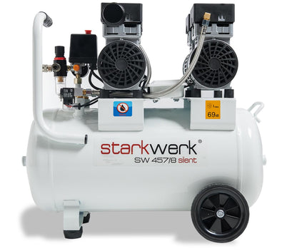 Starkwerk SW 457/8 Flüster Kompressor Silent Kompressor 1,5kW !69 dB! 8Bar ölfrei Druckluft Kompressor leise Compressor inklusive Druckminderer und Wasserabscheider