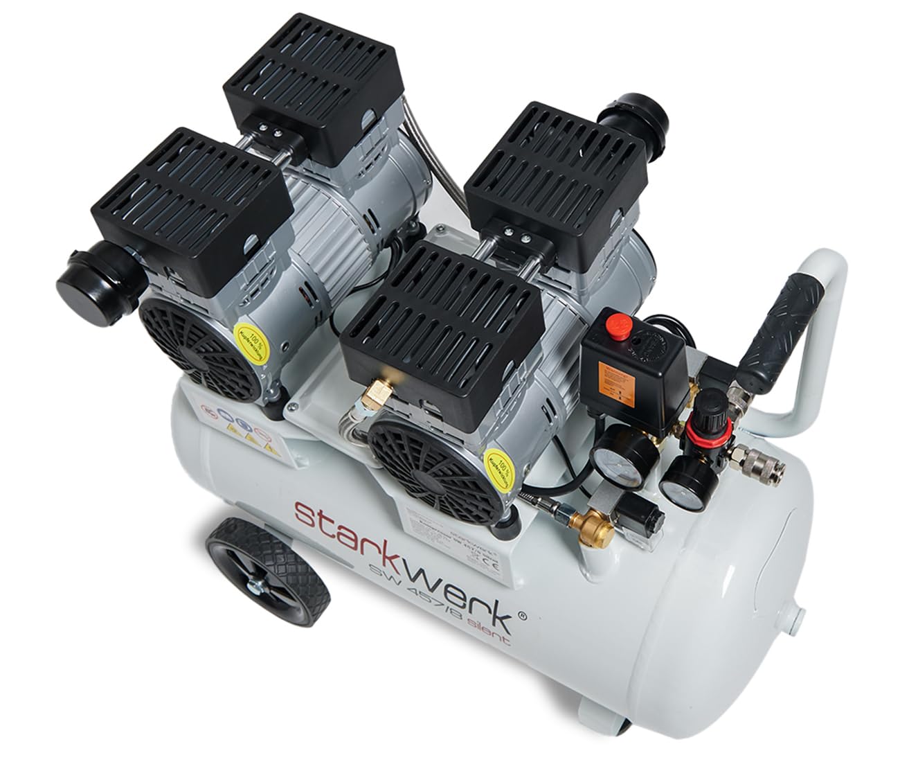 Starkwerk SW 457/8 Flüster Kompressor Silent Kompressor 1,5kW !69 dB! 8Bar ölfrei Druckluft Kompressor leise Compressor inklusive Druckminderer und Wasserabscheider
