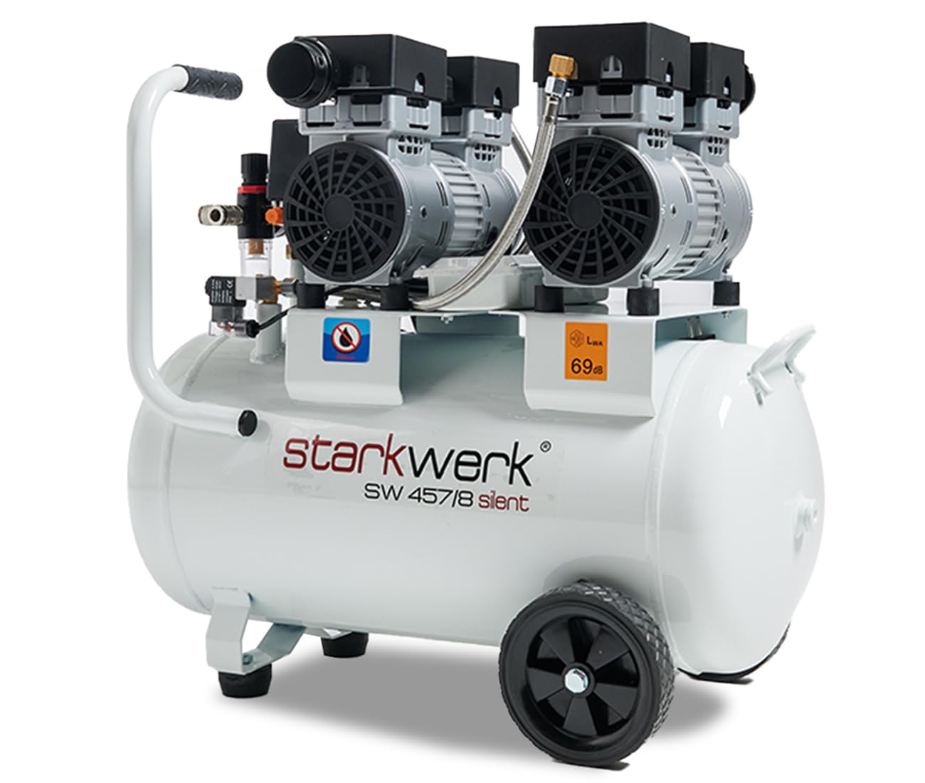Starkwerk SW 457/8 Flüster Kompressor Silent Kompressor 1,5kW !69 dB! 8Bar ölfrei Druckluft Kompressor leise Compressor inklusive Druckminderer und Wasserabscheider