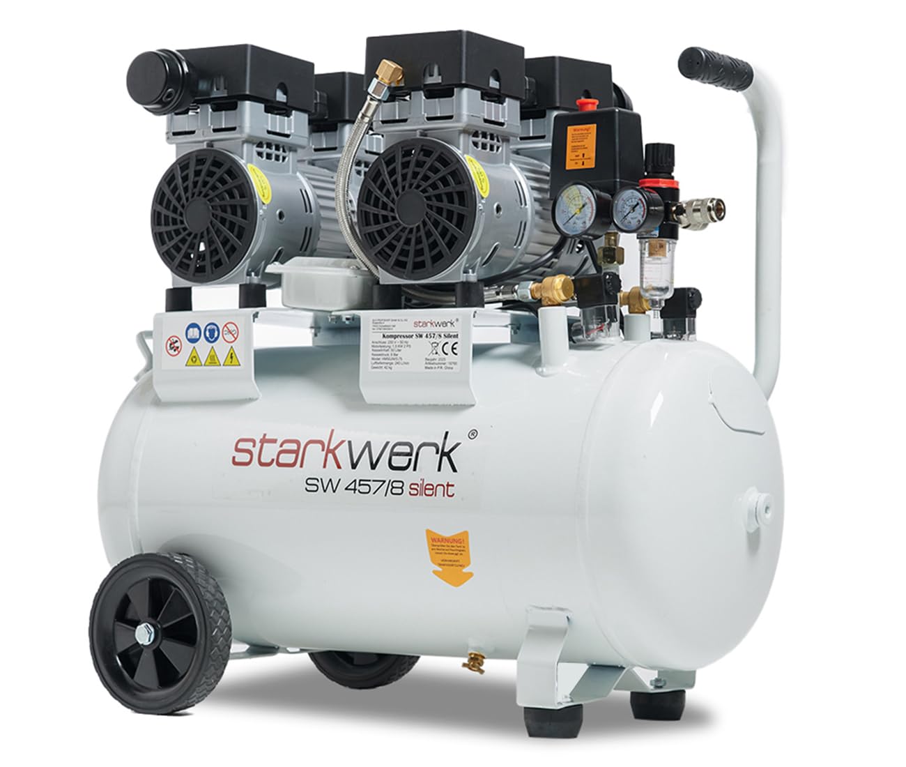 Starkwerk SW 457/8 Flüster Kompressor Silent Kompressor 1,5kW !69 dB! 8Bar ölfrei Druckluft Kompressor leise Compressor inklusive Druckminderer und Wasserabscheider