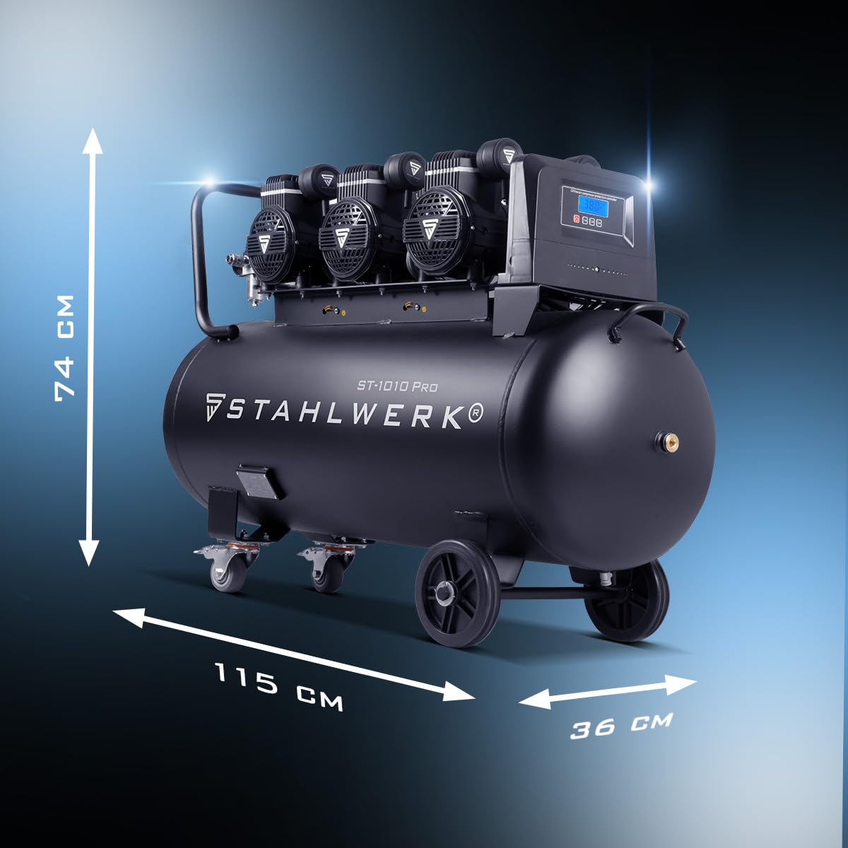 STAHLWERK Kompressor 100 L Tank - ölfrei & leise, 10 bar, Druckluftkompressor mit Brushless-Motoren, 6,5 PS, 4,8 kW, 630 l/min, Silentkompressor, Kolbenkompressor, Flüsterkompressor, ST-1010 Pro