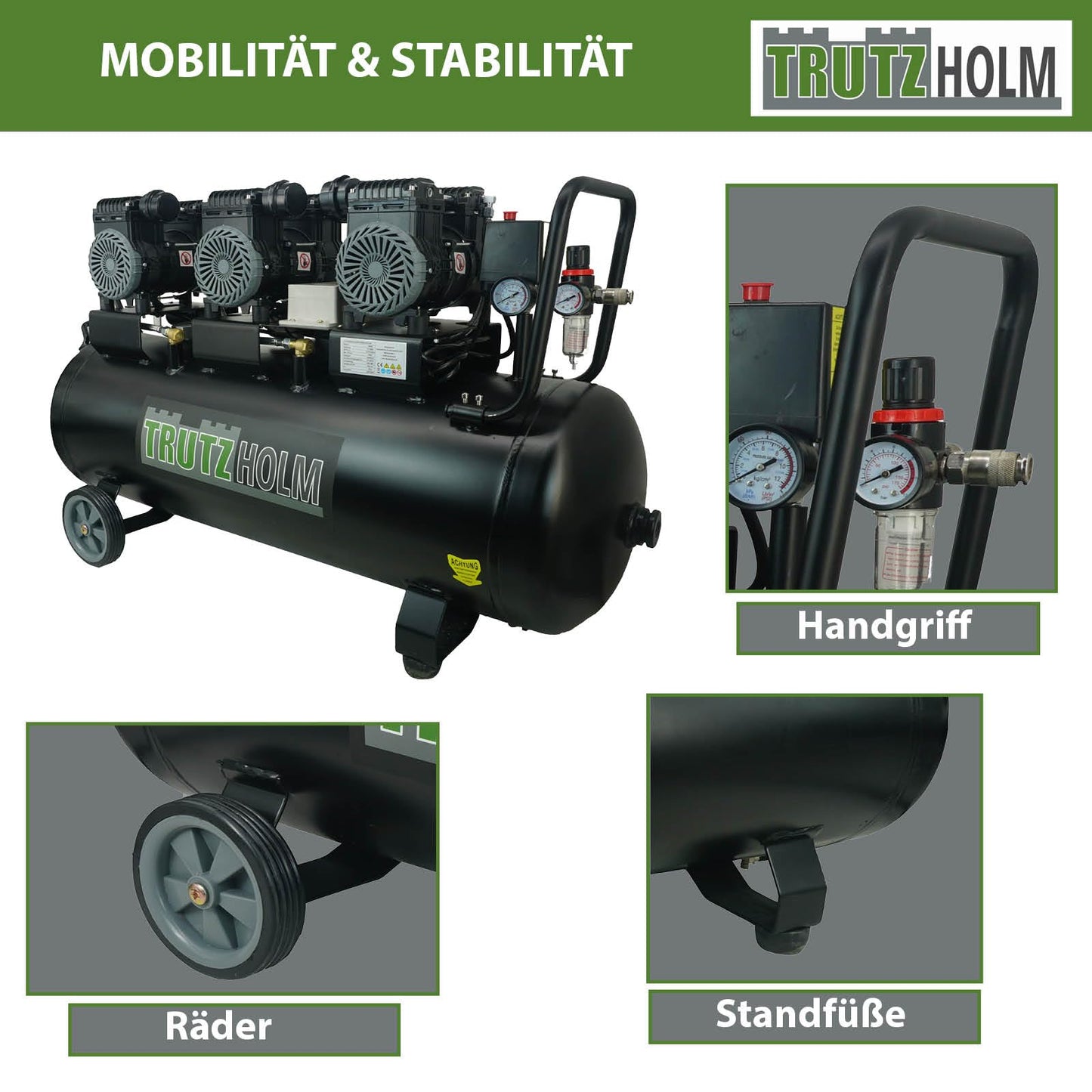 TRUTZHOLM Premium Silent Brushless Flüster Kompressor innenbeschichtet 100 Liter, Kompressor, ölfrei, 8 bar, 2700 W, Ansaugleistung 324 L/Min