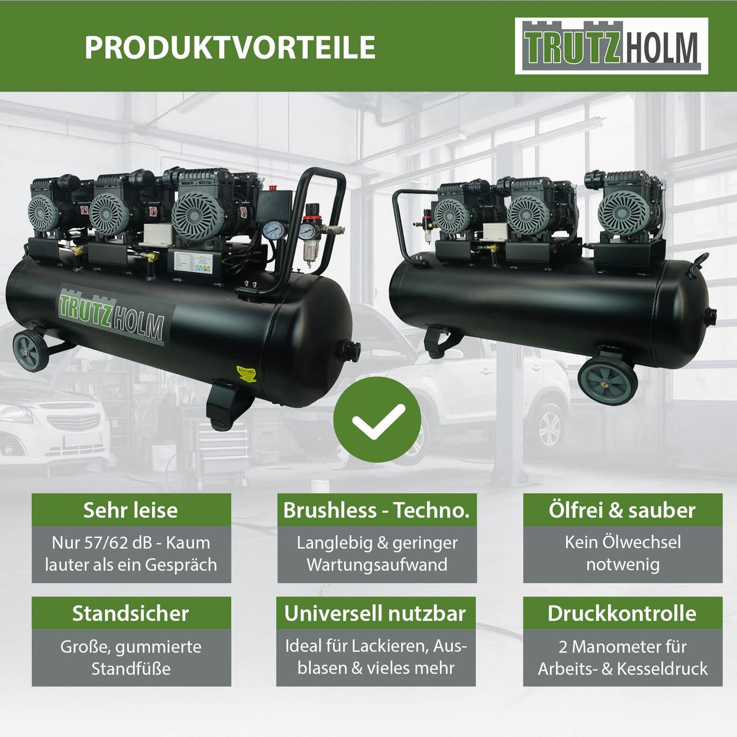 TRUTZHOLM Premium Silent Brushless Flüster Kompressor innenbeschichtet 100 Liter, Kompressor, ölfrei, 8 bar, 2700 W, Ansaugleistung 324 L/Min