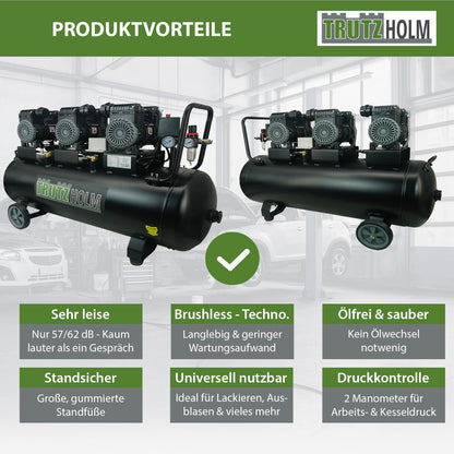 TRUTZHOLM Premium Silent Brushless Flüster Kompressor innenbeschichtet 100 Liter, Kompressor, ölfrei, 8 bar, 2700 W, Ansaugleistung 324 L/Min