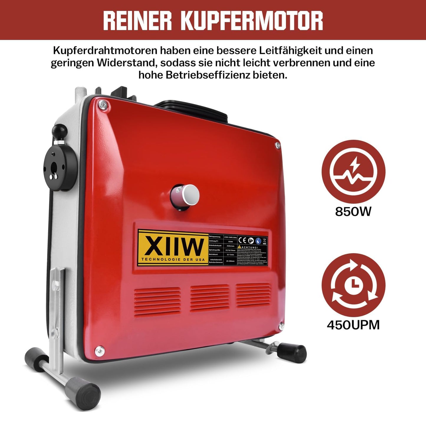 850W Elektrische Rohrreinigungsmaschine Satz zum Ø20-200mm Rohrleitungen [Spirale 33m x Ø16 mm + 14m x Ø22mm, 5m x Ø10mm], Rohrreinigungsgerät Set Rohrreiniger Reinigung Abflussreiniger, 450U/M