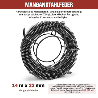 850W Elektrische Rohrreinigungsmaschine Satz zum Ø20-200mm Rohrleitungen [Spirale 33m x Ø16 mm + 14m x Ø22mm, 5m x Ø10mm], Rohrreinigungsgerät Set Rohrreiniger Reinigung Abflussreiniger, 450U/M