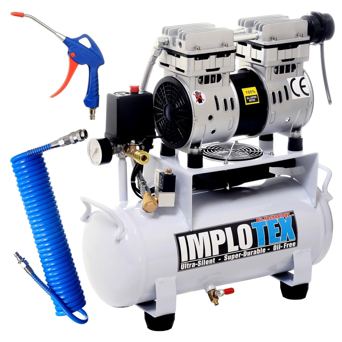 IMPLOTEX 850W 14L Silent Flüsterkompressor Druckluftkompressor nur 55dB leise ölfrei flüster Kompressor Compressor inkl. Ausblaspistole und Druckluftschlauch