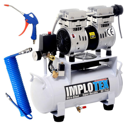 IMPLOTEX 850W 14L Silent Flüsterkompressor Druckluftkompressor nur 55dB leise ölfrei flüster Kompressor Compressor inkl. Ausblaspistole und Druckluftschlauch