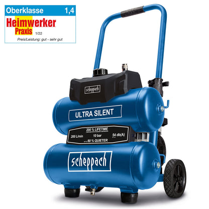 Scheppach HC20Si-Twin Ultra Silent Kompressor | 54 dB(A) leise | 20L Kessel | 10bar | ölfrei & wartungsarm | 200 l/min Ansaugleistung | 2 Manometer & 1x Kupplung | mit 10m Schlauch & Zubehör