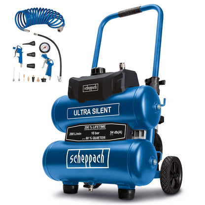Scheppach HC20Si-Twin Ultra Silent Kompressor | 54 dB(A) leise | 20L Kessel | 10bar | ölfrei & wartungsarm | 200 l/min Ansaugleistung | 2 Manometer & 1x Kupplung | mit 10m Schlauch & Zubehör