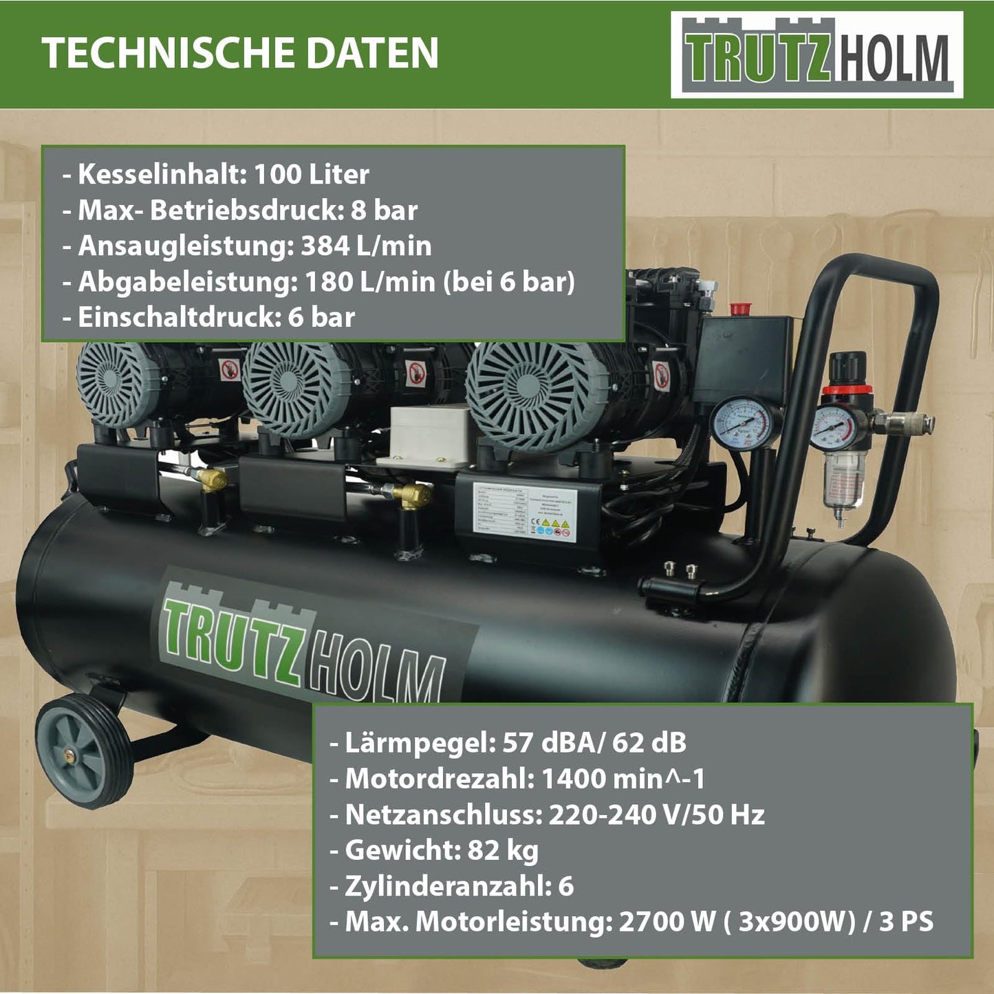 TRUTZHOLM Premium Silent Brushless Flüster Kompressor innenbeschichtet 100 Liter, Kompressor, ölfrei, 8 bar, 2700 W, Ansaugleistung 324 L/Min