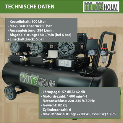 TRUTZHOLM Premium Silent Brushless Flüster Kompressor innenbeschichtet 100 Liter, Kompressor, ölfrei, 8 bar, 2700 W, Ansaugleistung 324 L/Min