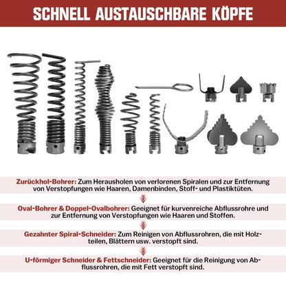 850W Elektrische Rohrreinigungsmaschine Satz zum Ø20-200mm Rohrleitungen [Spirale 33m x Ø16 mm + 14m x Ø22mm, 5m x Ø10mm], Rohrreinigungsgerät Set Rohrreiniger Reinigung Abflussreiniger, 450U/M