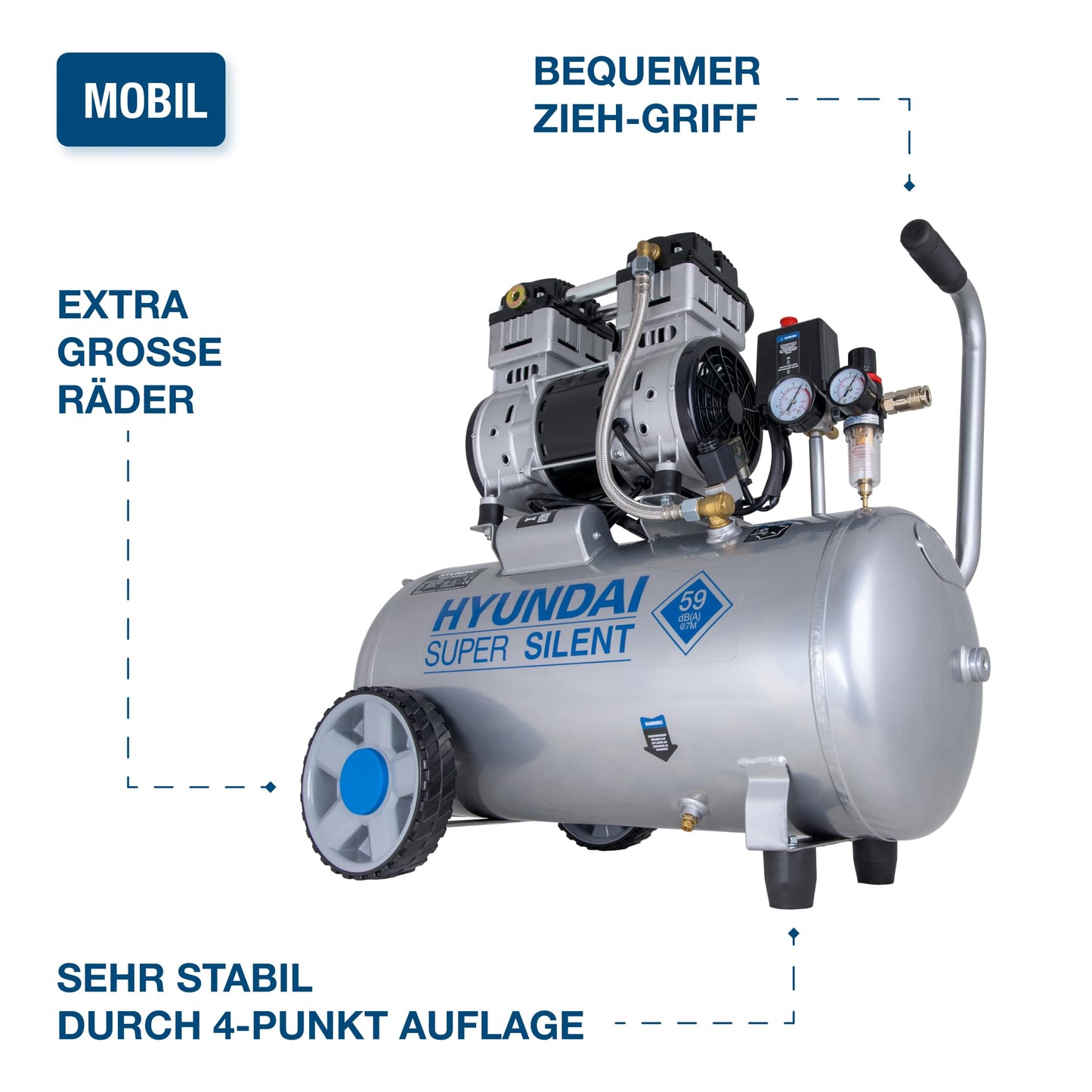 HYUNDAI Silent-Kompressor SAC55753 SET | 50L Kessel, 8bar, ölfrei | 1.5kW / 2.0PS | Ansaugleistung 232 L/Min | Öl-Wasserabscheider | 59dB Luftkompressor leise, Flüster-Kompressor | mit Zubehör