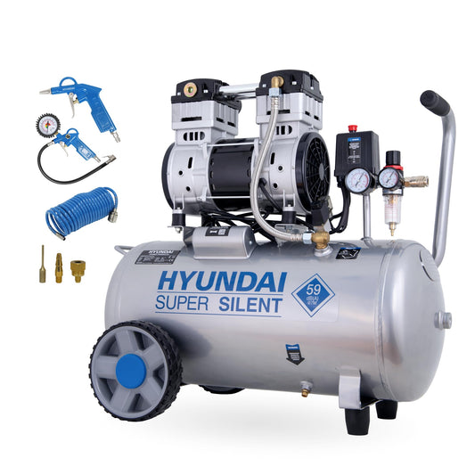 HYUNDAI Silent-Kompressor SAC55753 SET | 50L Kessel, 8bar, ölfrei | 1.5kW / 2.0PS | Ansaugleistung 232 L/Min | Öl-Wasserabscheider | 59dB Luftkompressor leise, Flüster-Kompressor | mit Zubehör