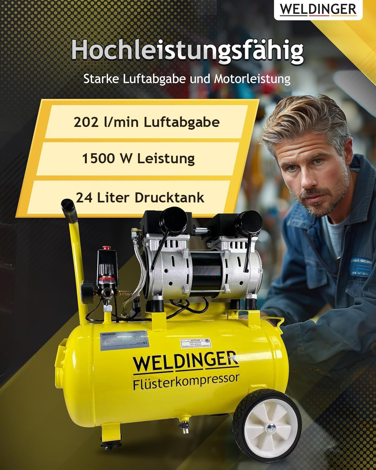 WELDINGER Flüsterkompressor FK 120 turbo pro 1500 W Luftabgabe 202 l/min ölfrei innenbeschichteter 24 l Tank Druckregler 5 Jahre Garantie
