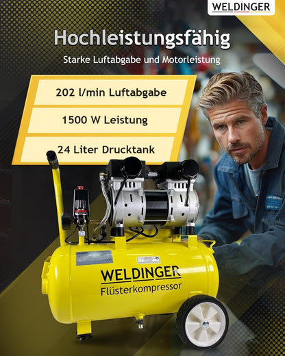 WELDINGER Flüsterkompressor FK 120 turbo pro 1500 W Luftabgabe 202 l/min ölfrei innenbeschichteter 24 l Tank Druckregler 5 Jahre Garantie