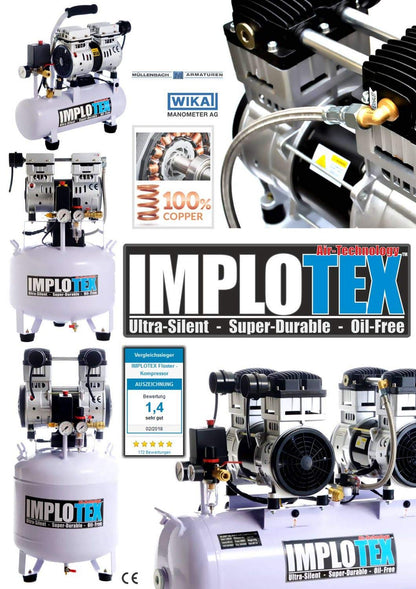 IMPLOTEX 850W Silent Flüsterkompressor Druckluftkompressor 55dB leise ölfrei Kompressor (850W 30 Liter mit Zubehör)