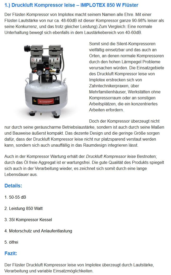 IMPLOTEX 850W 14L Silent Flüsterkompressor Druckluftkompressor nur 55dB leise ölfrei flüster Kompressor Compressor