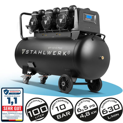 STAHLWERK Kompressor 100 L Tank - ölfrei & leise, 10 bar, Druckluftkompressor mit Brushless-Motoren, 6,5 PS, 4,8 kW, 630 l/min, Silentkompressor, Kolbenkompressor, Flüsterkompressor, ST-1010 Pro