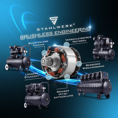 STAHLWERK Kompressor 100 L Tank - ölfrei & leise, 10 bar, Druckluftkompressor mit Brushless-Motoren, 6,5 PS, 4,8 kW, 630 l/min, Silentkompressor, Kolbenkompressor, Flüsterkompressor, ST-1010 Pro