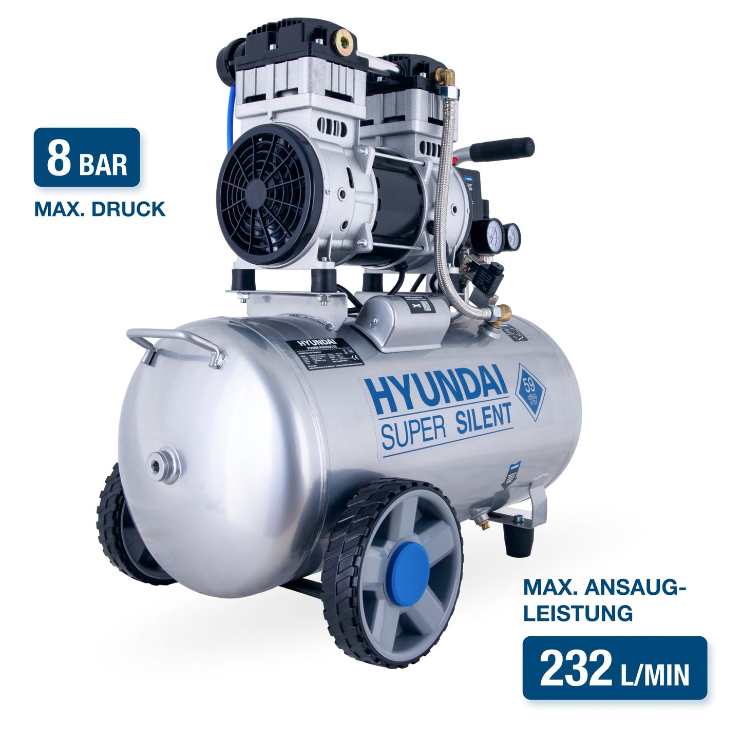HYUNDAI Silent-Kompressor SAC55753 SET | 50L Kessel, 8bar, ölfrei | 1.5kW / 2.0PS | Ansaugleistung 232 L/Min | Öl-Wasserabscheider | 59dB Luftkompressor leise, Flüster-Kompressor | mit Zubehör