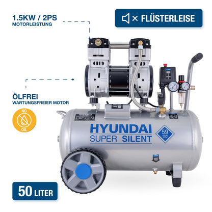 HYUNDAI Silent-Kompressor SAC55753 SET | 50L Kessel, 8bar, ölfrei | 1.5kW / 2.0PS | Ansaugleistung 232 L/Min | Öl-Wasserabscheider | 59dB Luftkompressor leise, Flüster-Kompressor | mit Zubehör