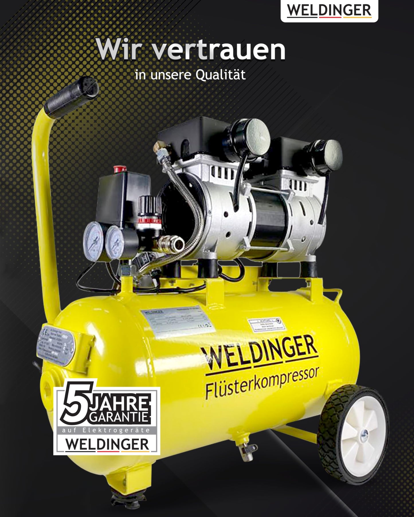 WELDINGER Flüsterkompressor FK 120 turbo pro 1500 W Luftabgabe 202 l/min ölfrei innenbeschichteter 24 l Tank Druckregler 5 Jahre Garantie