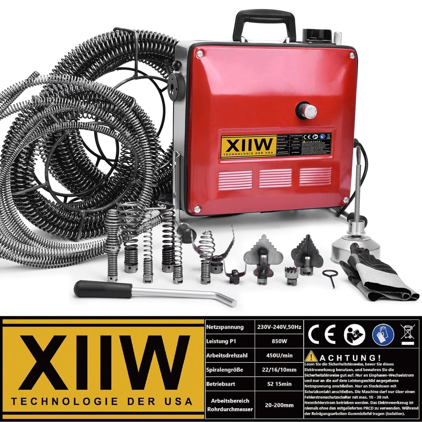 850W Elektrische Rohrreinigungsmaschine Satz zum Ø20-200mm Rohrleitungen [Spirale 33m x Ø16 mm + 14m x Ø22mm, 5m x Ø10mm], Rohrreinigungsgerät Set Rohrreiniger Reinigung Abflussreiniger, 450U/M