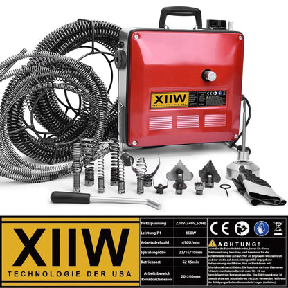 850W Elektrische Rohrreinigungsmaschine Satz zum Ø20-200mm Rohrleitungen [Spirale 33m x Ø16 mm + 14m x Ø22mm, 5m x Ø10mm], Rohrreinigungsgerät Set Rohrreiniger Reinigung Abflussreiniger, 450U/M
