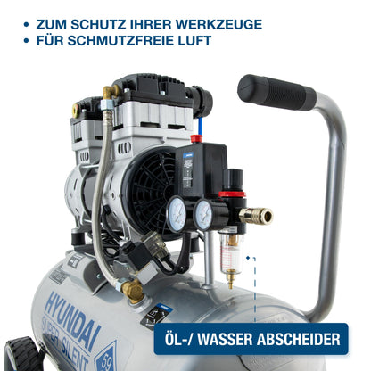 HYUNDAI Silent-Kompressor SAC55753 SET | 50L Kessel, 8bar, ölfrei | 1.5kW / 2.0PS | Ansaugleistung 232 L/Min | Öl-Wasserabscheider | 59dB Luftkompressor leise, Flüster-Kompressor | mit Zubehör