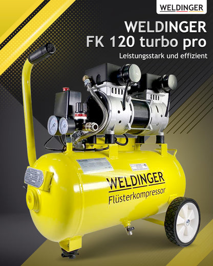 WELDINGER Flüsterkompressor FK 120 turbo pro 1500 W Luftabgabe 202 l/min ölfrei innenbeschichteter 24 l Tank Druckregler 5 Jahre Garantie