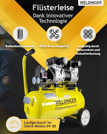 WELDINGER Flüsterkompressor FK 120 turbo pro 1500 W Luftabgabe 202 l/min ölfrei innenbeschichteter 24 l Tank Druckregler 5 Jahre Garantie