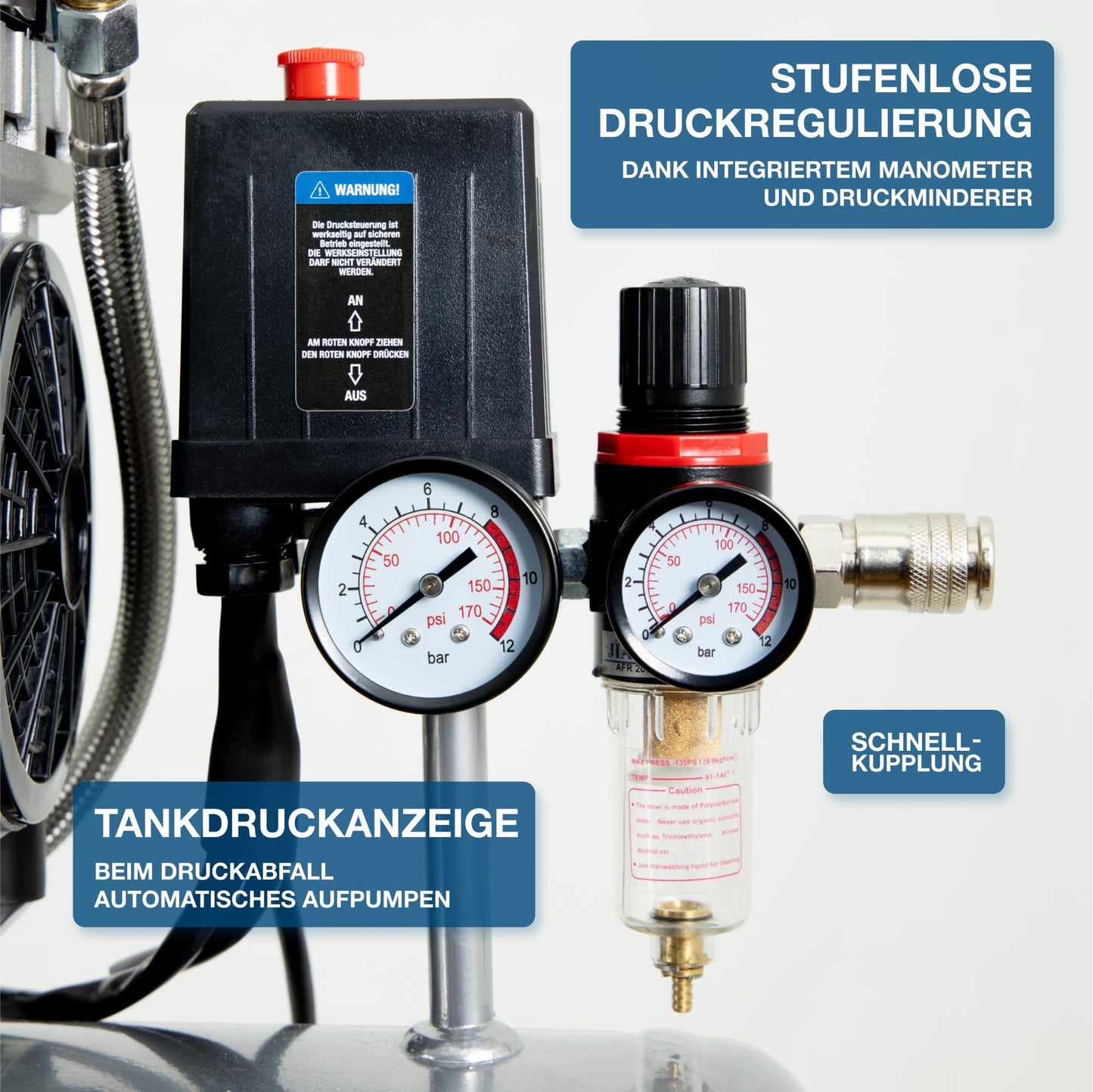 HYUNDAI Silent-Kompressor SAC55753 SET | 50L Kessel, 8bar, ölfrei | 1.5kW / 2.0PS | Ansaugleistung 232 L/Min | Öl-Wasserabscheider | 59dB Luftkompressor leise, Flüster-Kompressor | mit Zubehör