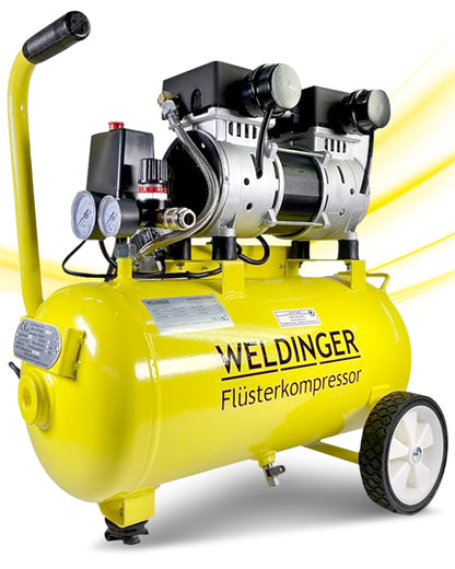 WELDINGER Flüsterkompressor FK 120 turbo pro 1500 W Luftabgabe 202 l/min ölfrei innenbeschichteter 24 l Tank Druckregler 5 Jahre Garantie