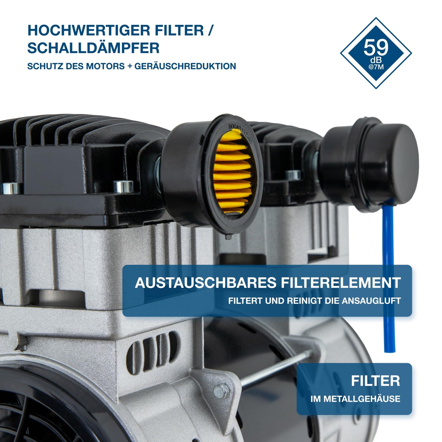 HYUNDAI Silent-Kompressor SAC55753 SET | 50L Kessel, 8bar, ölfrei | 1.5kW / 2.0PS | Ansaugleistung 232 L/Min | Öl-Wasserabscheider | 59dB Luftkompressor leise, Flüster-Kompressor | mit Zubehör