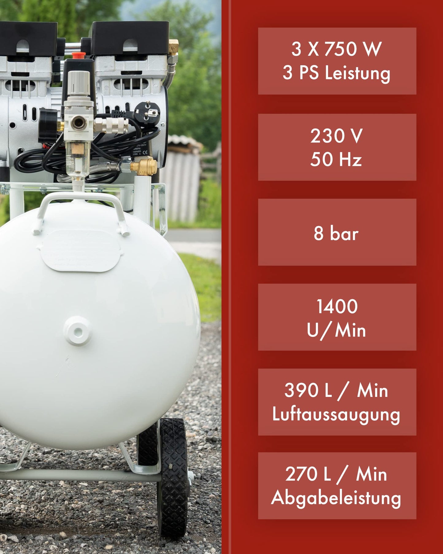 KnappWulf Flüster Kompressor Luftdruckkompressor KW2100 mit 100L Kessel 3 Motoren a 750W