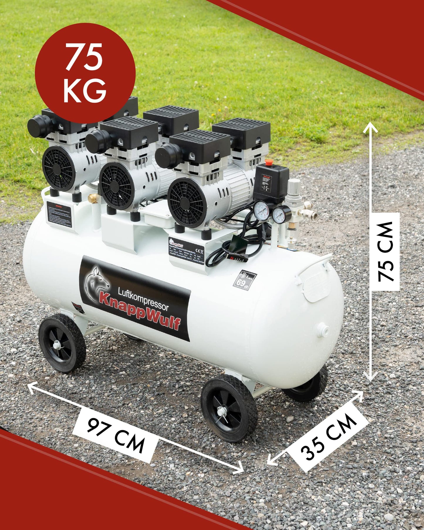 KnappWulf Flüster Kompressor Luftdruckkompressor KW2100 mit 100L Kessel 3 Motoren a 750W